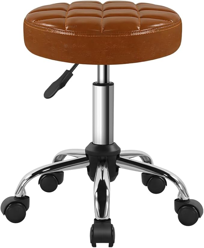 BFTOU Classic Swivel Stool with Wheel for Salon Work Home SPA Shop Height-Adjustable and Cost-Effective Rolling Stool Chair Small (Brown)