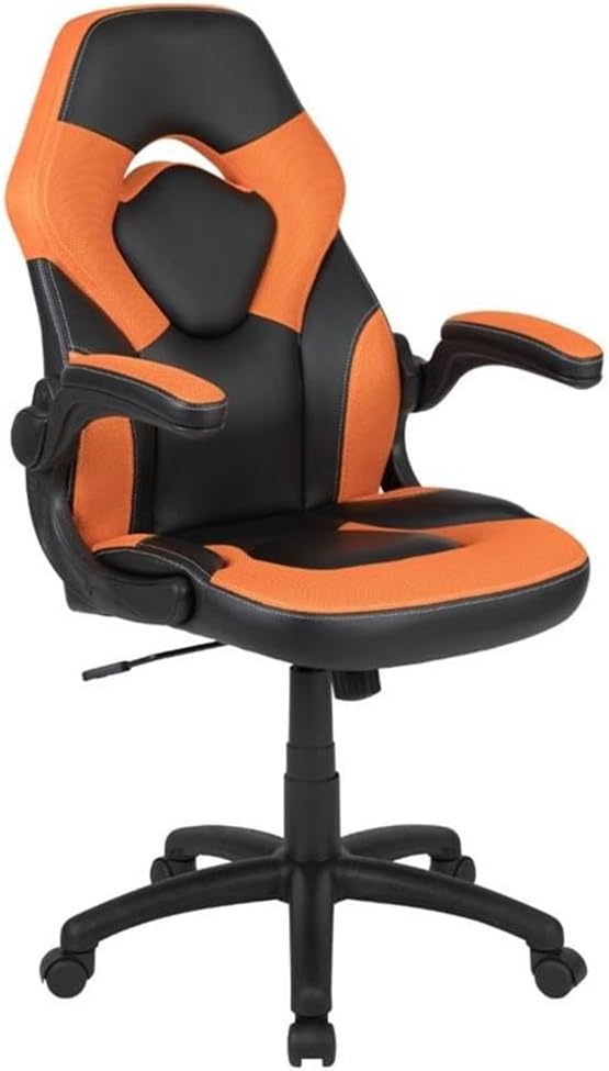 BOWERY HILL 2 Piece Gaming Desk Set, Black Laminate Desk with Raised Monitor Stand, Ergonomic High Back Chair, Orange Mesh Inserts, Built-in Lumbar Support, Contemporary Style for Gaming Setup