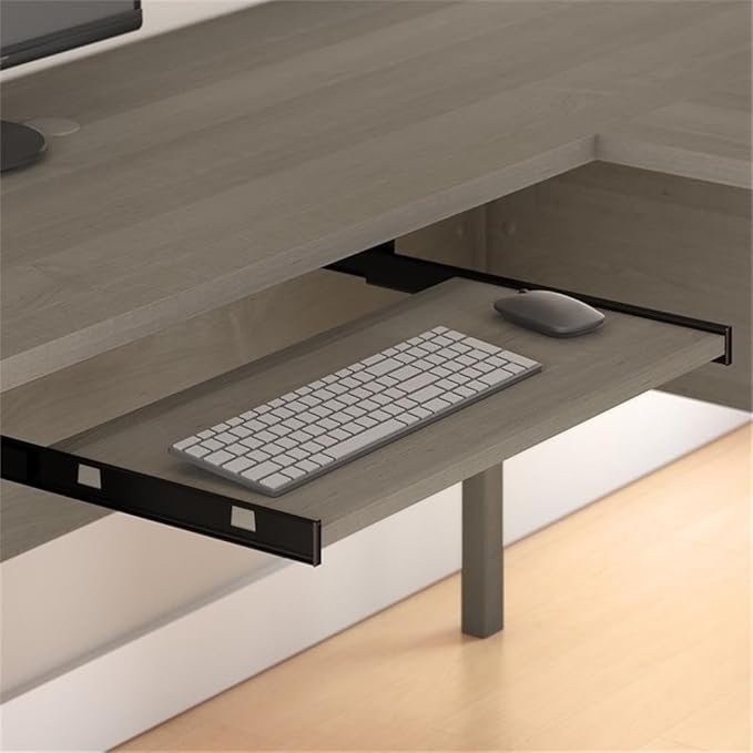 Pemberly Row Engineered Wood Office Set, 60W L Shaped Desk with Hutch and 2-Drawer Lateral File, Ash Gray Finish, Wire Management, Frosted Glass Doors, File Storage, Home Office Furniture