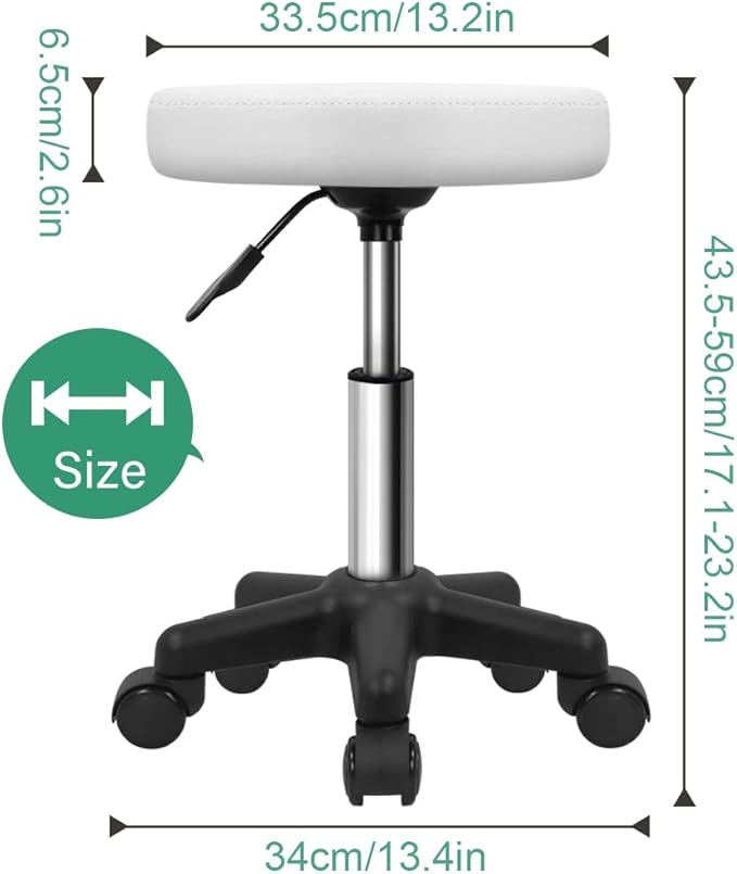 FURWOO Round Rolling Stool Height Adjustable Stool with Wheels for Spa Salon Massage White
