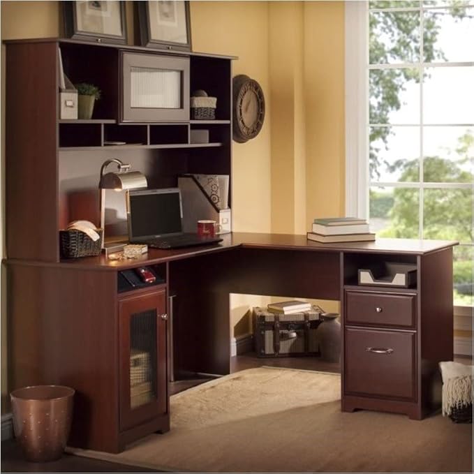 Pemberly Row Transitional Engineered Wood L Shaped Computer Desk with Hutch, Harvest Cherry Finish, Built-in Wire Management, Storage Cabinet, File Drawer, Home Office Desk with Open and Closed