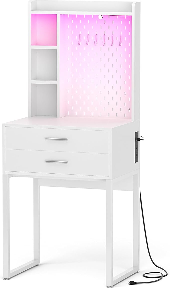Besiost Small Vanity Desk with Hutch and Drawers, White Makeup Vanity Desk with Charging Station, Vanity Table Dressing Table with LED Lights, Vanity Desk No Mirror with Pegboard for Girls Women, 24"