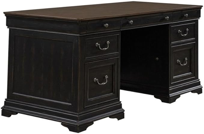 Pemberly Row Modern 5 Piece Jr Executive Desk Set, Aged Charcoal Finish, Poplar Solids with Birch & Maple Veneers, Includes Desk, Credenza & Hutch, LED Lighting, Locking File Drawers for Office Use