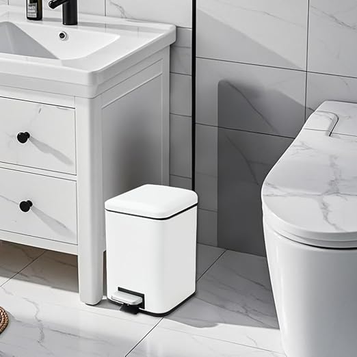 Small Bathroom Trash Can with Lid Soft Close, Step Pedal, 6 Liter / 1.6 Gallon Stainless Steel Garbage Can with Removable Inner Bucket, Anti-Fingerprint Finish, Matte White
