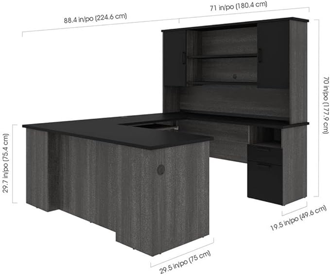 Atlin Designs U Shaped Computer Desk with Hutch, 71"W x 88.4"D x 70"H, Laminated Wood, Black/Bark Gray Finish, 2 Drawers, 3 Shelves, Reversible Office Desk with Wire Management for Home or Office Use