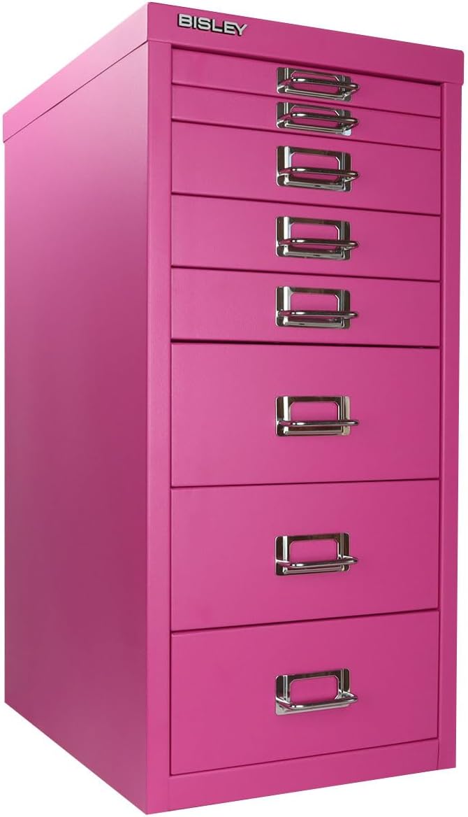 Bisley 8-Drawer Steel MultiDrawer Cabinet - Fuchsia, Chrome Pull Handles with Label Holders, Powder-Coated Steel, Removable Drawers, Fits Under Most Desks, Labels Included