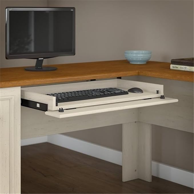 Bush Furniture Fairview 60W L Shaped Desk and 2 Door Storage Cabinet with File Drawer in Antique White and Tea Maple