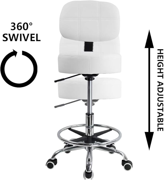 KKTONER Swivel Round Rolling Stool PU Leather with Adjustable Foot Rest Height Adjustable Task Work Drafting Chair with Back(White)