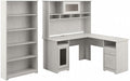 Scranton & Co Cabot L Shaped Desk with Hutch & Bookcase, White Oak Finish, 60W Computer Desk Set with USB Hub, Fluted Glass Doors, Adjustable Bookcase Shelves, Home Office Furniture
