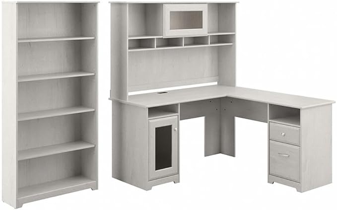 Scranton & Co Cabot L Shaped Desk with Hutch & Bookcase, White Oak Finish, 60W Computer Desk Set with USB Hub, Fluted Glass Doors, Adjustable Bookcase Shelves, Home Office Furniture