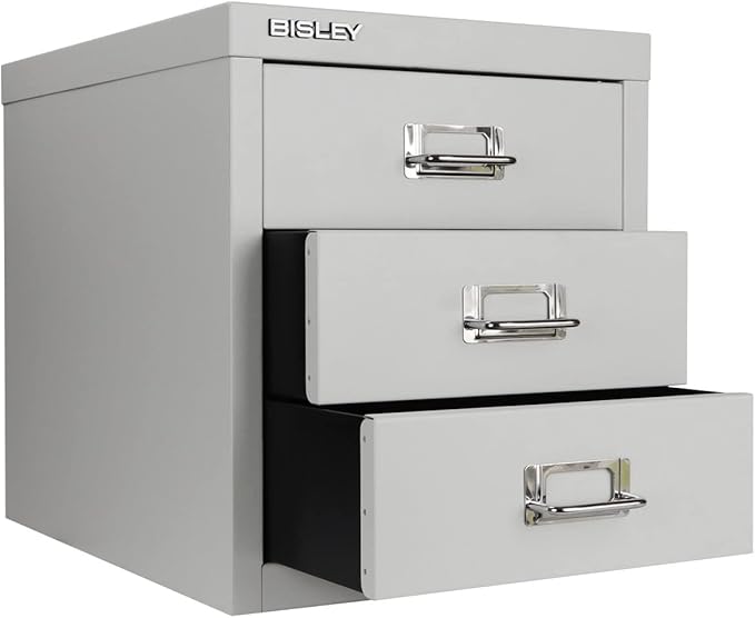 Bisley 3-Drawer Steel MultiDrawer Cabinet - Light Grey, Chrome Pull Handles with Label Holders, Powder-Coated Steel, Removable Drawers, Desktop Storage, Labels Included