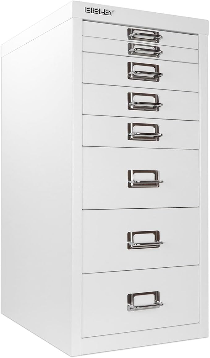 Bisley 8-Drawer Steel MultiDrawer Cabinet - Traffic White, Chrome Pull Handles with Label Holders, Powder-Coated Steel, Removable Drawers, Fits Under Most Desks, Labels Included