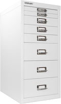 Bisley 8-Drawer Steel MultiDrawer Cabinet - Traffic White, Chrome Pull Handles with Label Holders, Powder-Coated Steel, Removable Drawers, Fits Under Most Desks, Labels Included
