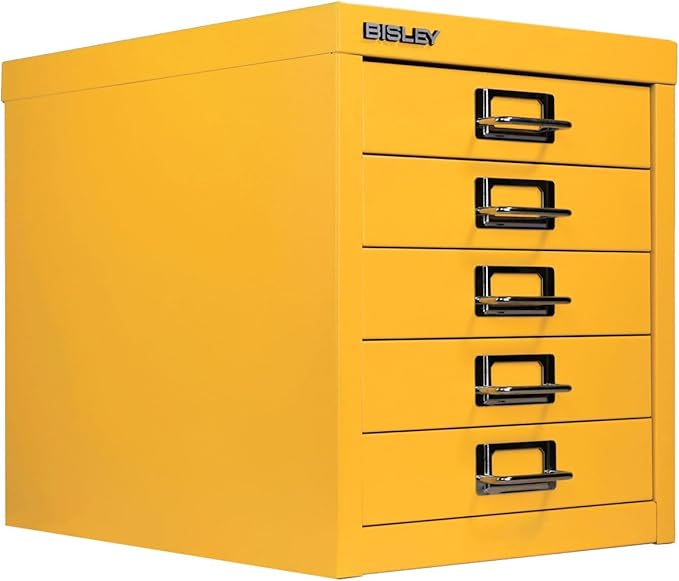 Bisley 5-Drawer Steel MultiDrawer Cabinet - Golden Sunflower Yellow, Chrome Pull Handles with Label Holders, Powder-Coated Steel, Removable Drawers, Desktop Storage, Labels Included