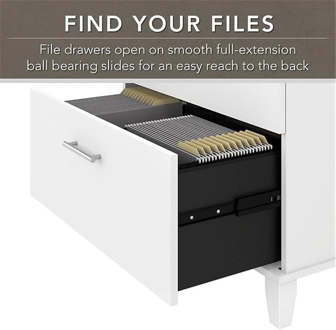 Pemberly Row 72W L Shaped Desk with Hutch & File Cabinet, Engineered Wood, White Finish, Ample Storage with Frosted Glass Hutch & File Drawers, Home Office Furniture Set