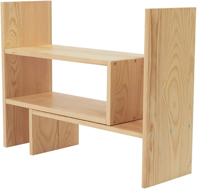 Liry Products Beige Adjustable Extendable Natural Wood Desktop Organizer Caddy Desk Organizer Countertop Shelf Bookcase Display Stand Rack Expandable Storage Office Home
