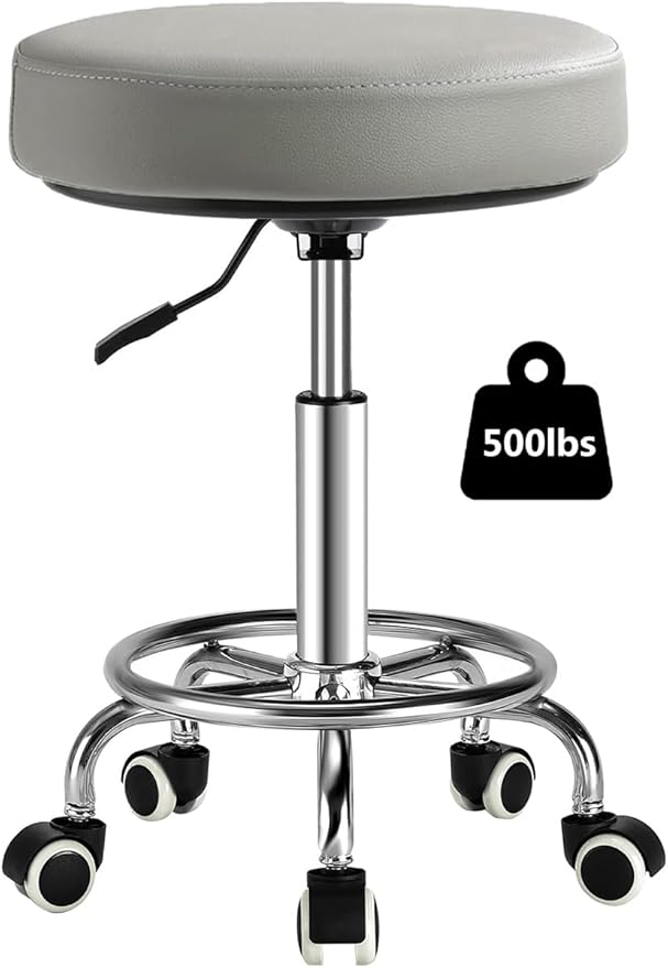 Adjustable Rolling Stool with Wheels - Ergonomic Salon & Tattoo Artist Chair, Office Stool with Comfortable PU Leather Seat, Grey
