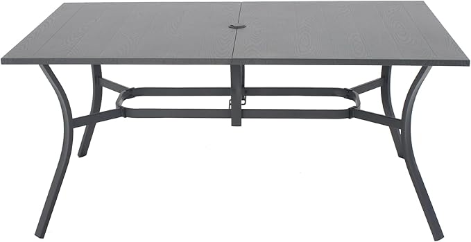 "Vintage Wood Grain Metal Table 62.99" x 37.8"" Rectangular with Umbrella Hole, Heavy-Duty Steel Frame Rust-Resistant Easy Clean, for Patio Garden Deck Dining Room Office INDUSTRIAL MEETS FARMHOUSE
