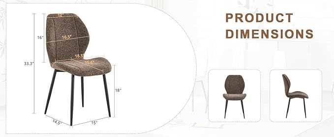 4 sets of retro and minimalist brown fabric dining chairs with spacious and comfortable cushions.Black metal legs and adjustable feet, suitable for dining room, study & office ,etc. Precise dimensio