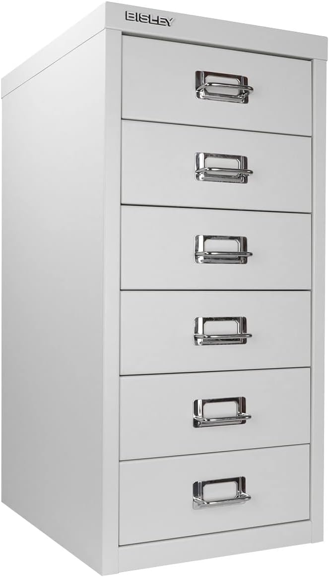 Bisley 6-Drawer Steel MultiDrawer Cabinet - Light Grey, Chrome Pull Handles with Label Holders, Powder-Coated Steel, Removable Drawers, Fits Under Most Desks, Labels Included