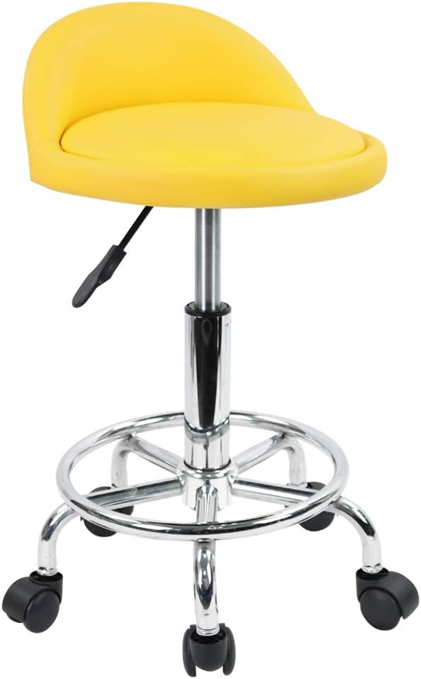 KKTONER PU Leather Round Rolling Stool with Foot Rest Height Adjustable Swivel Drafting Work SPA Task Chair with Wheels (Yellow)