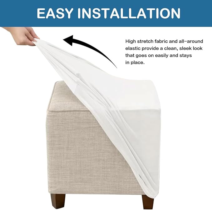 Ottoman Cover Square Velvet Ottoman Covers Protector for Footrest Foot Stool Furniture Stretch Comfortable with Elastic Bottom Large Ivory
