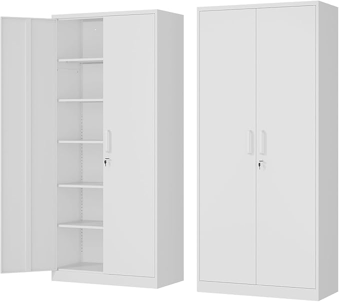 Fesbos Metal Storage Cabinet-72” Tall Steel File Cabinets with Lockable Doors and 5 Adjustable Shelves-White Steel Storage Cabinet for Home, School, Office, Garage