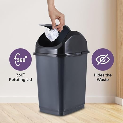 Superio Kitchen Trash Can with Swing Top Lid 9 Gallon Slim Waste Bin 37 Qt Sturdy Plastic Garbage Can Medium Recycling Bin for Office, Bathroom, Under Counter, Dorm, Bedroom (Dark Grey-2 Pack)