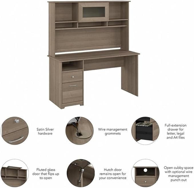 Bush Furniture Cabot 60W Single Pedestal Desk and Hutch, Ash Gray