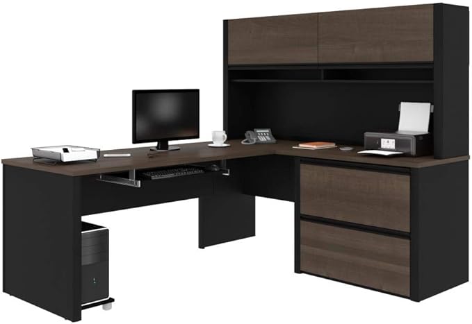 Bestar Connexion 72W L-Shaped Desk with Hutch and Lateral File Cabinet in Antigua & Black