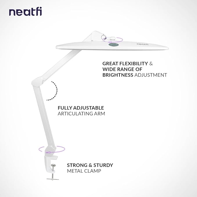 Neatfi XL LED Desk Lamp | 20-Inch Wide Head (White-2, CCT with Clamp)