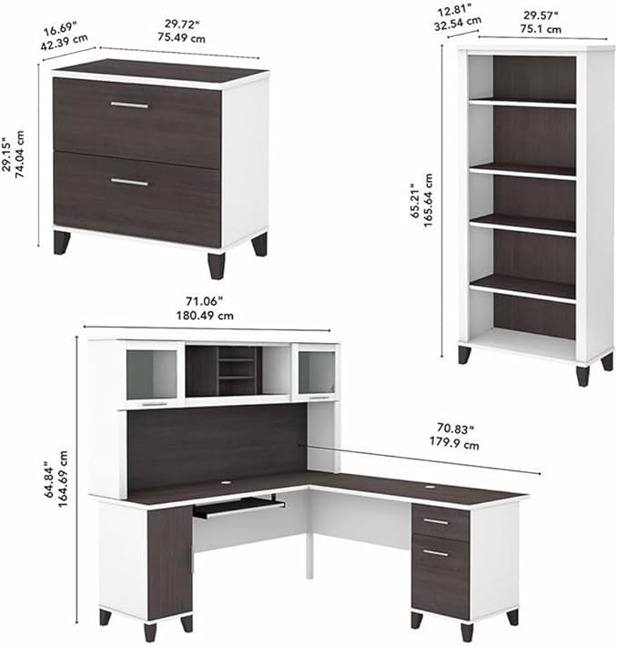Pemberly Row 72W L Desk with Hutch, Storage, Lateral File Cabinet & Bookcase Set, Engineered Wood, White/Gray Finish, Modern Office Furniture for Home or Small Workspace, ANSI/SOHO Certified