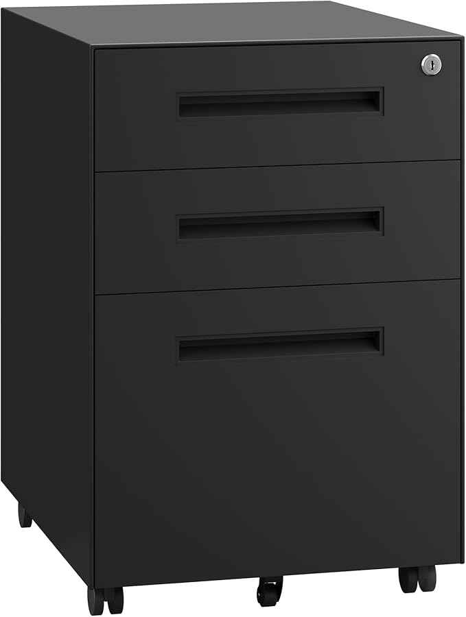 Dripex 3 Drawer Black File Cabinet, Mobile Under Desk Storage File Cabinet with Lock on Wheels, Fully Assembled, Letter/Legal Size, Small Short Vertical Metal Rolling Filing Cabinets for Home Office