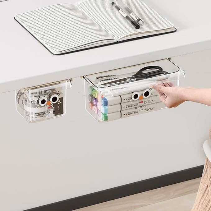 Self-Adhesive Under-Desk Drawer Slide-Out Organiser With Hanging Clear Acrylic Shelf Storage Organiser For Office Kitchen, Cupboards, Tables, Counters For Added Space (Large + Small) Two-Piece Set