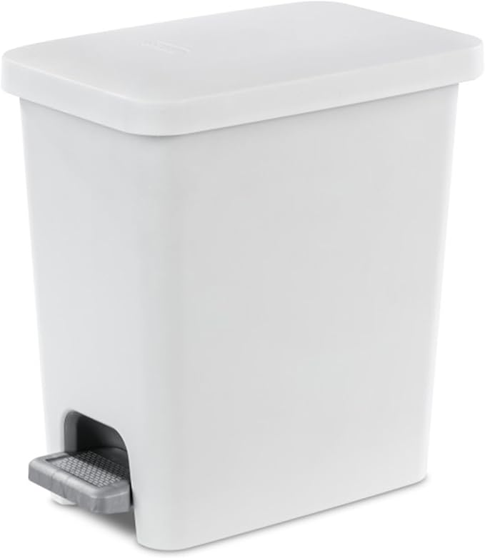Sterilite 2.7 Gallon Rectangular Step On Kitchen Trash Bin Plastic Indoor Wastebasket with Removable Liner and Bag Holding Feature, White (4 Pack)