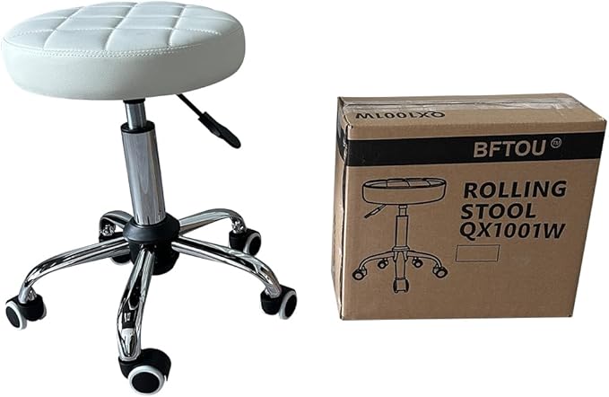 BFTOU White Classic Swivel Stool with Wheel for Salon Work Home SPA Shop Height-Adjustable and Cost-Effective Rolling Stool Chair Small