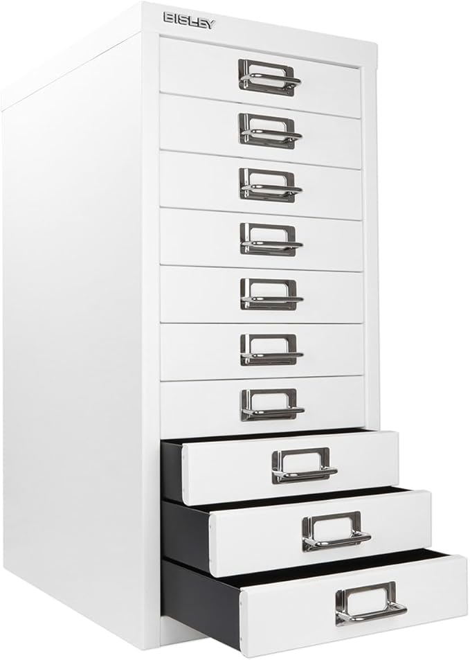 Bisley 10-Drawer Steel MultiDrawer Cabinet - Traffic White, Chrome Pull Handles with Label Holders, Powder-Coated Steel, Removable Drawers, Fits Under Most Desks, Labels Included