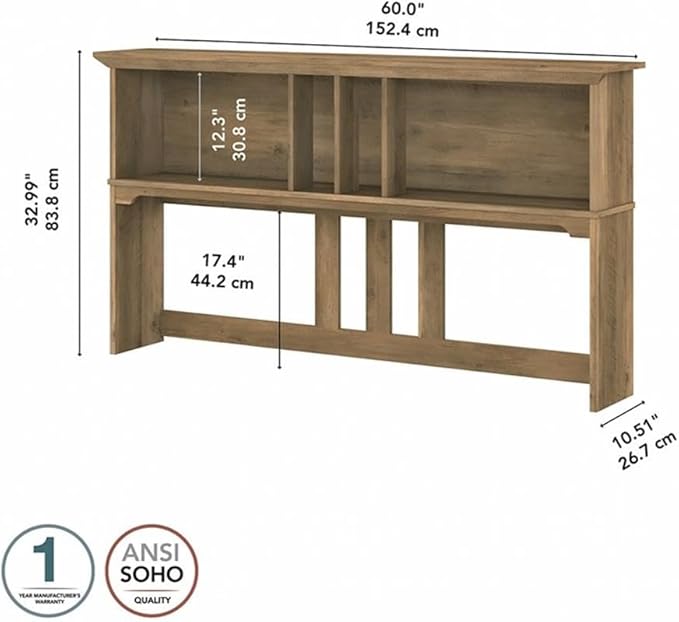 Pemberly Row 60W Hutch for L Shaped Desk, Reclaimed Pine Finish, Engineered Wood, Open Cubby Storage, Mission Style, Modern Farmhouse Office Hutch for Books, Decorations, and Large Monitor