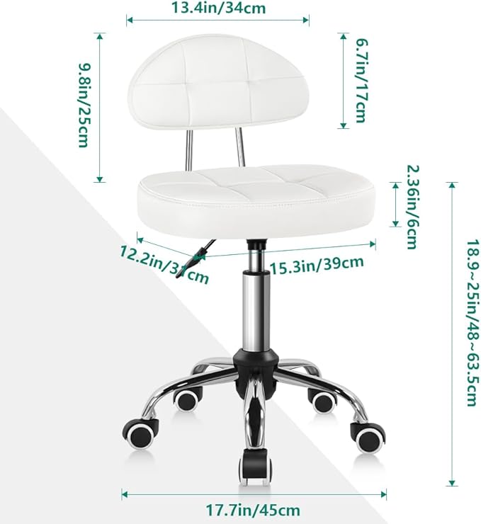 BFTOU Square Minimalist Swivel Stool with Wheel for Work SPA Shop Massage Height-Adjustable and Cost-Effective Rolling Stool Chair with Back White