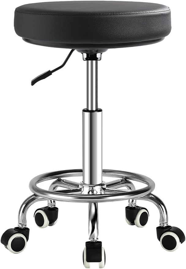 Adjustable Rolling Stool with Wheels - Ergonomic Salon & Tattoo Artist Chair, Office Stool with Comfortable PU Leather Seat,Black