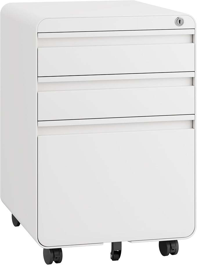 Dripex 3 Drawer White File Cabinet, Mobile Under Desk Storage File Cabinet with Lock on Wheels, Letter/Legal Size,Fully Assembled, Small Short Vertical Metal Rolling Filing Cabinets for Home Office