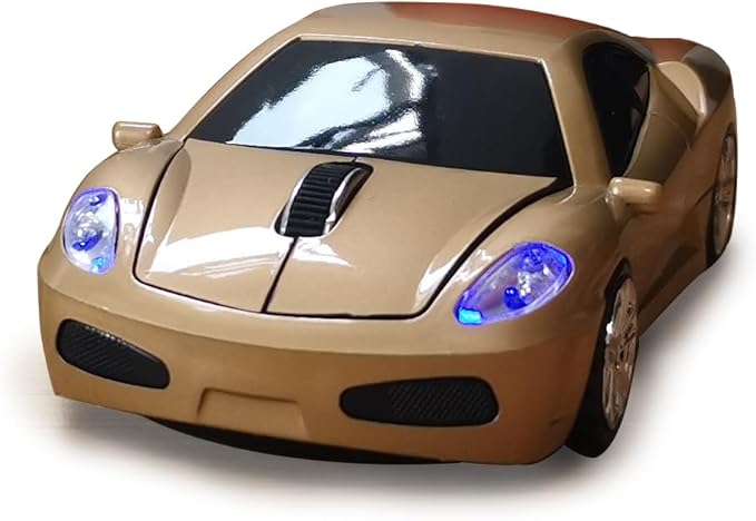 Wireless Car Mouse for Computer, 2.4G USB Receiver, 1600DPI Adjustable, Cool Sport Car Design, Plug & Play, Compatible with Laptop PC Mac Windows Linux, for Boys & Men (Gold)