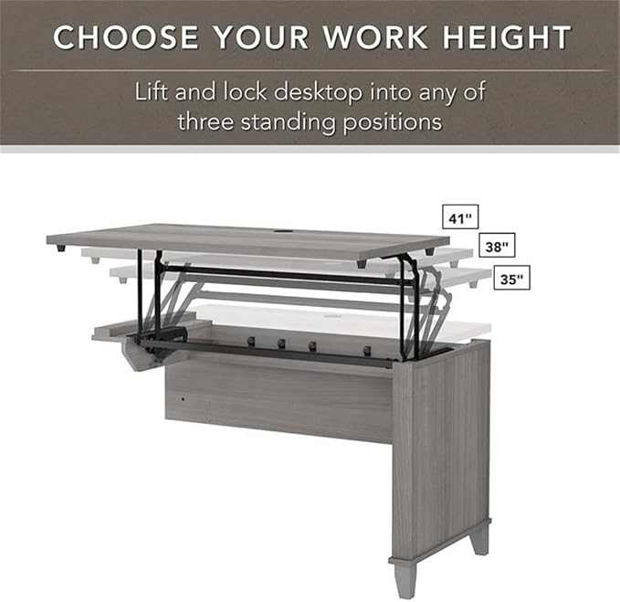 Pemberly Row 72W L Shaped Sit to Stand Desk with Hutch, Platinum Gray Finish, Engineered Wood, Adjustable Lift-n-Lock Height, Frosted Glass Doors, Ergonomic Office Desk for Home or Workspaces