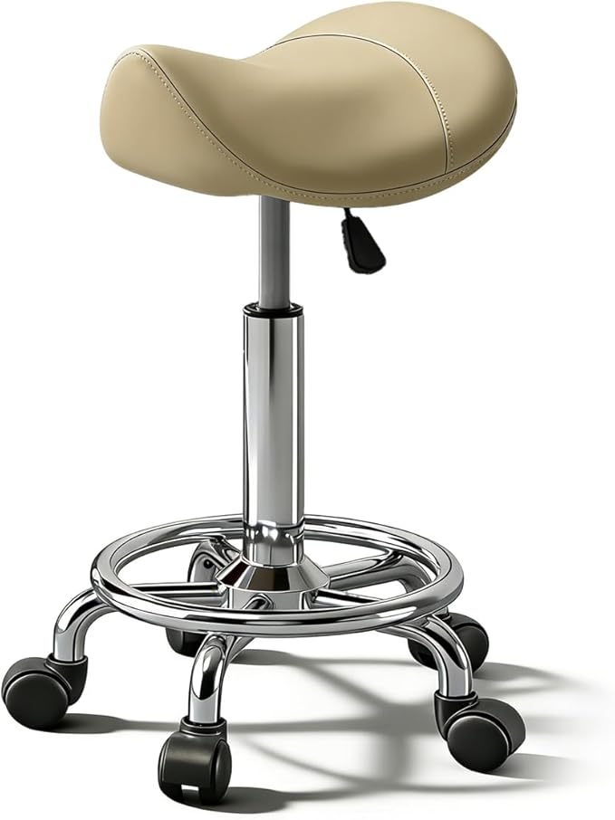 Saddle Stool, Adjustable Height Ergonomic Swivel Chair with Wheels, PU Leather Saddle Seat with Ring Pedal for Salon, Massage, Clinic, Lab, and Office