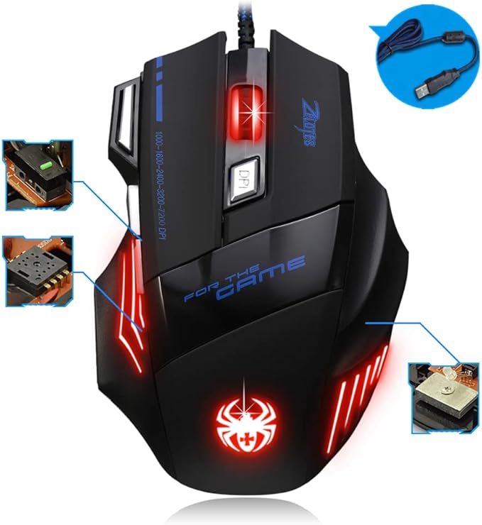 zelotes Wired Gaming Mouse with Fire Button,7200 DPI,7 Buttons,Ergonomic Design,LED Illumination,Corded Optical Mouse Mice for Laptop,PC,Mac,Black