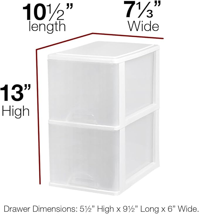 Plastic Small 2-Drawer Storage Organizer, Slim Narrow, White/Clear Crafts Drawers Storage Organizer (13"H x 10"D x 7"W)