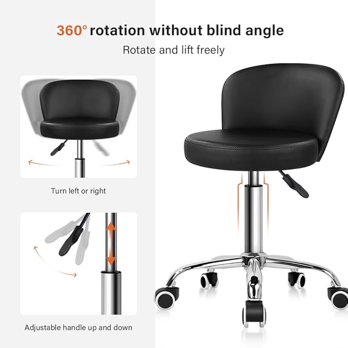 KKTONER Rolling Vanity Chair with Backrest Height Adjustable Office Chair PU Leather Swivel Drafting Stool with Wheels (Black)