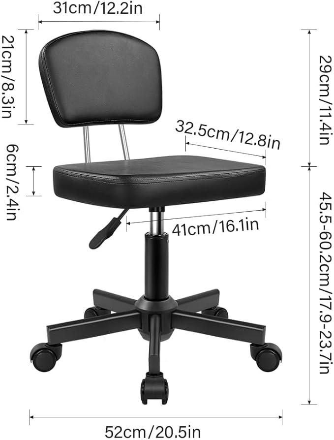 WKWKER Rolling Stool Chair with Backrest Height Adjustable 360° Swivel Stool with Wheels Square Seat PU Leather Rolling Stool for Bedroom Counter Shop Salon Massage Home Office Drafting Work (Black)