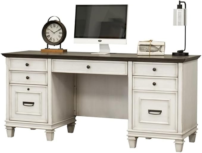 BOWERY HILL Set of 2 Double Pedestal Desk and Bookcase with Doors in White