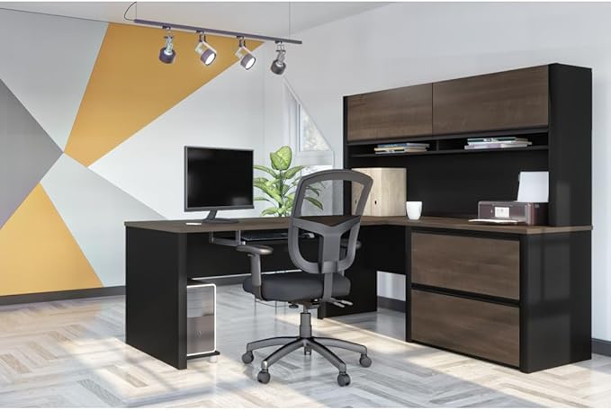 BOWERY HILL L-Shaped Office Desk Set, Sandstone and Slate Finish, Commercial-Grade Work Surface, Melamine Coating, Shock-Resistant Edges, Wire Management, Storage Drawers, Modern Office Furniture